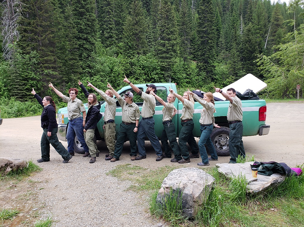 Photo courtesy of SHOSHANA COOPER
The United States Forest Service crew working on June 23 do their best Route of the Hiawatha logo impression.