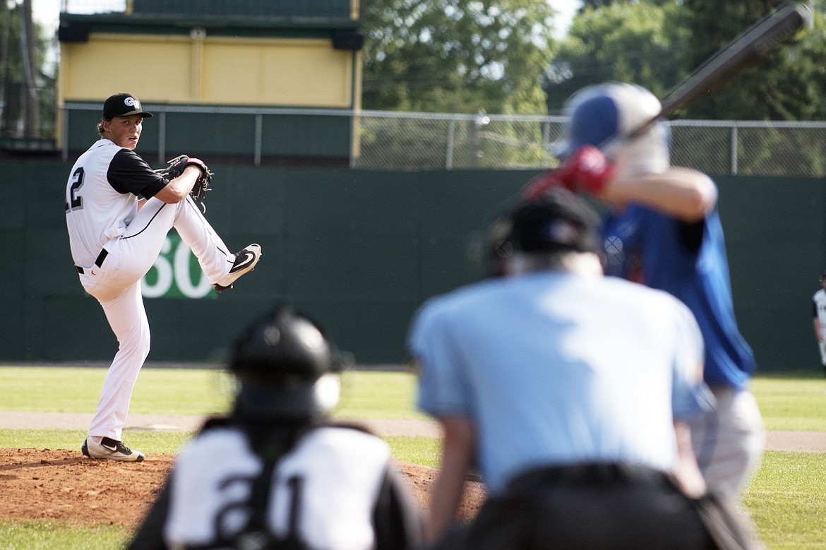 Forest Kobelt delivers a pitch for the Twins against Yakima Thursday. (Jeremy Weber/Hungry Horse News)