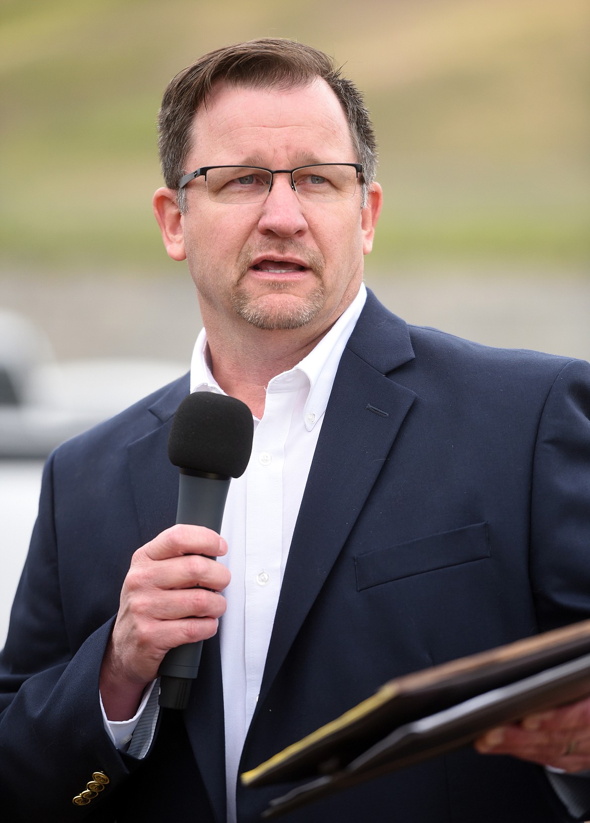 Kalispell Mayor Mark Johnson&#160;making remarks&#160;at the groundbreaking event on Thursday morning, June 21, in Kalispell.(Brenda Ahearn/Daily Inter Lake)