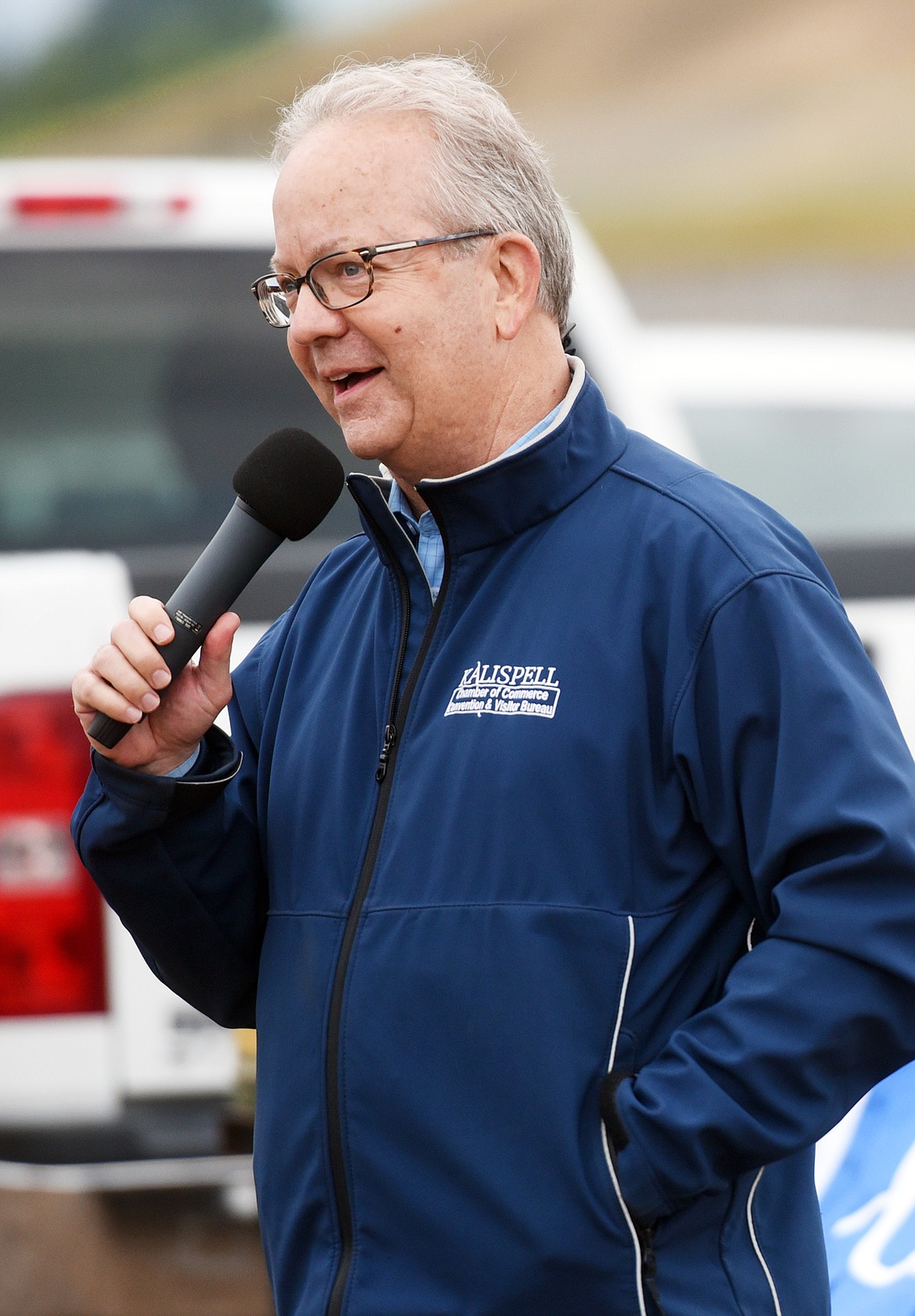 Joe Unterreiner, president and CEO of the Kalispell Chamber of Commerce, making remarks&#160;at the groundbreaking event on Thursday morning, June 21, in Kalispell.(Brenda Ahearn/Daily Inter Lake)