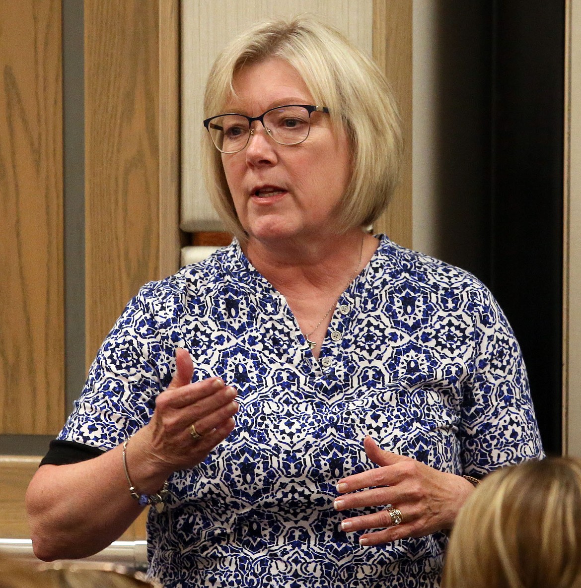 Post Falls School District trustee Michelle Lippert spoke in favor of more state money for school buildings at a forum on public education funding Tuesday. (JUDD WILSON/Press)