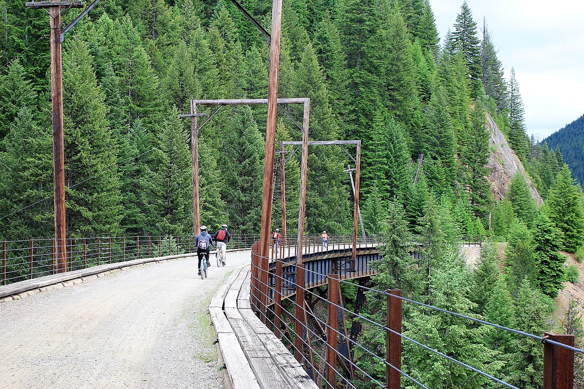 Seven trestles line the Route of the Hiawatha bike trail with the mighty Kelly Creek Testle the largest at 230 feet high and 850 feet long. (Kathleen Woodford photo)