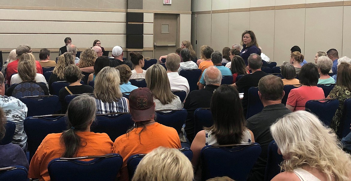 Photo by JOSH MCDONALD
Incoming Kellogg School District superintendent Nancy Larsen addresses the crowd during an Idaho education funding formula town hall meeting at The Coeur d&#146;Alene Resort on Tuesday. The meeting was hosted by representatives from Education Commission of the States.