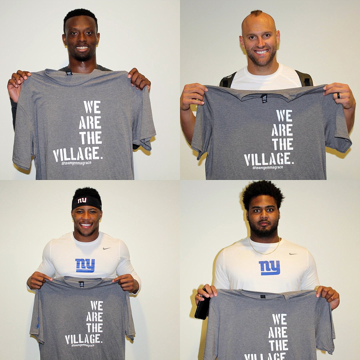 New York Giants players (from top left clockwise): Eli Apple, Mark Herzlich, RJ McIntosh and Saquon Barkley show off the #teamgemmagrace shirts that Gemma Farrell&#146;s grandmother Stacey Hoffman sent to them. The shirts have been used as a encouragement for Gemma and her family, as well as a fundraiser.