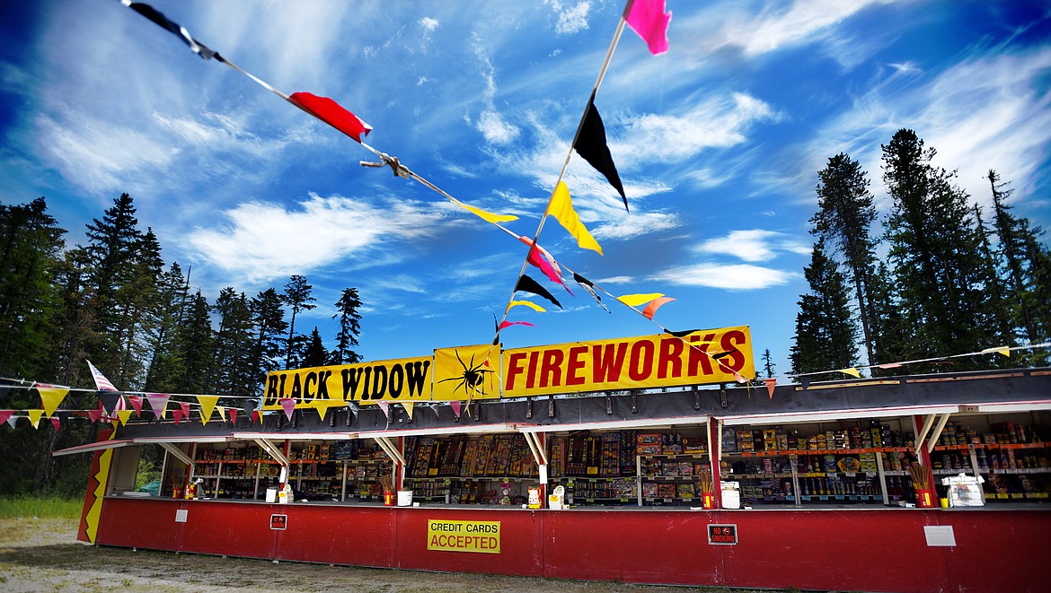 Clear skies above the Black Widow Fireworks Whitefish location on Wednesday south of the intersection of U.S. 93 and Montana 40. They also have locations in Evergreen, Somers and Eureka. (Brenda Ahearn/Daily Inter Lake)