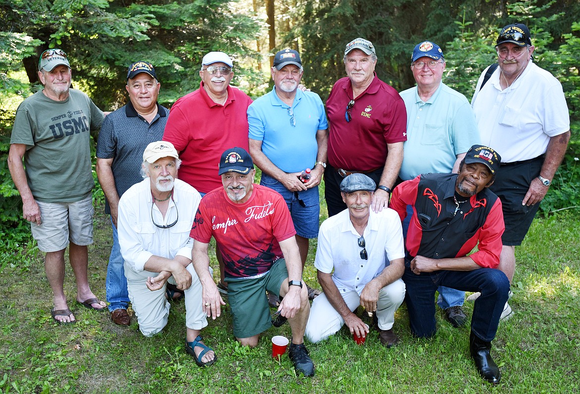 Eleven Marines who served together in Vietnam 50 years ago reunited for the first time on Sunday, June 24, at the home of Michael Jaworsky in Columbia Falls. From left they are, (row one) Michael Jaworsky &#147;Ski&#148;, Joe Silva, Jim Daly, Charles Draine, (row two) John Frisby &#147;Hawk&#148;, Fred Sotello, John DeNardo &#147;JD&#148;, James Cooper &#147;Coop&#148;, Larry Bruining &#147;Bruno&#148;, Tim Donovan &#147;Twiggy&#148;, and James Williamson &#147;Big Will.&#148;(Brenda Ahearn/Daily Inter Lake)