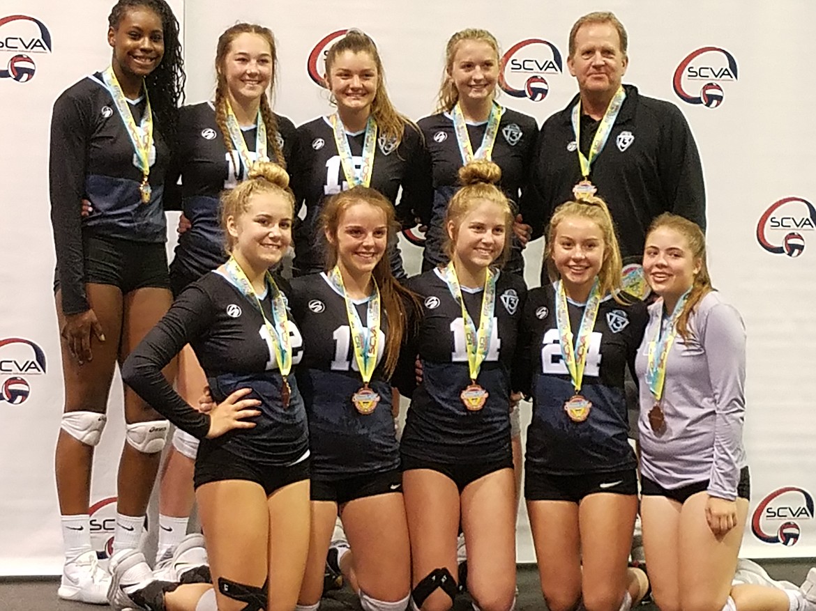 Courtesy photo
The T3 Smack Volleyball under-15 team took third in the Gold Bracket out of 70 teams at the SCVA Summer Soiree in Anaheim, Calif., on Sunday. In the front row from left are Courtney Garwood, Jaya Miller, Paige Drechsel, Shayna Wabbs and Maggie Bloom; and back row from left, Tanai Jenkins, Hannah Rowan, Lauren Fuller, Brenna Hawkins and coach Brian Hosfeld.