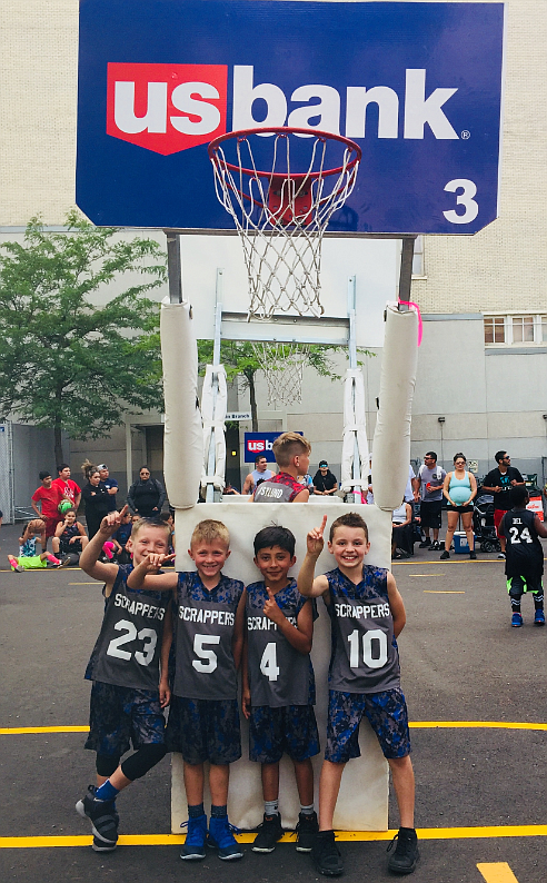 Courtesy photo
The Scrappers from Post Falls won their age 7-8 third-grade boys bracket at Hoopfest last weekend in Spokane. From left are Kyson Ostlund, Blake Wise, Cruz Andrich and Corbin Tremayne. The Scrappers, who played last year as second-graders in the third-grade division, went 5-0 and had to win two of the games (including the championship) in sudden death overtime. Cruz Andrich hit both of those game winners in sudden death. There were teams from as far away as Olympia, Wash., and Redmond, Ore., in their bracket. &#147;If you look at the pictures, you&#146;ll see that these kids are not very big. In fact, I&#146;ll guarantee that they were the smallest team out of ANY team we played. They truly lived up to their team name,&#148; Aaron Tremayne said.