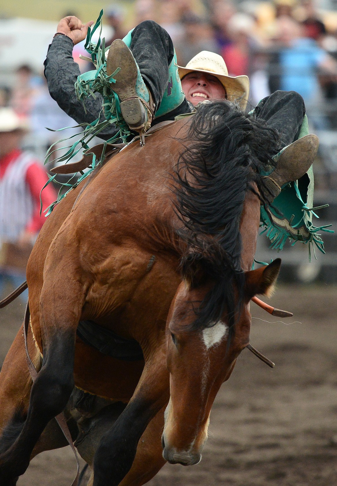 Cache Hill, of Baker, hangs on to his horse Panama Jack during the Bareback Riding event at the Bigfork Summer Pro Rodeo on Friday. (Casey Kreider/Daily Inter Lake)