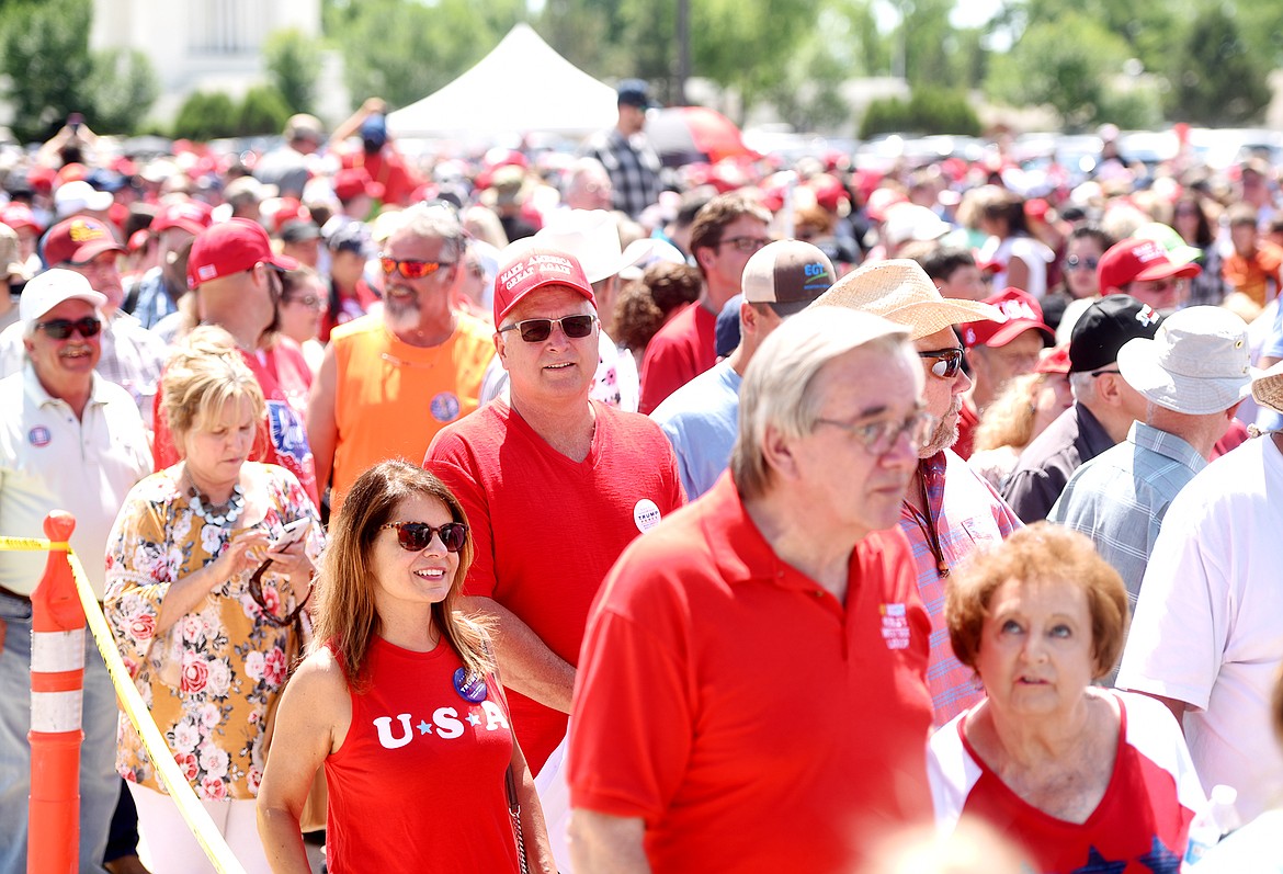 Sylvia Walker and several thousand Trump supporters line up to get through security and get into the Four Seasons Arena before the arrival of President Donald Trump. Walker is from Bakersfield, California. She said she flew into Montana specifically for this event.(Brenda Ahearn/Daily Inter Lake)