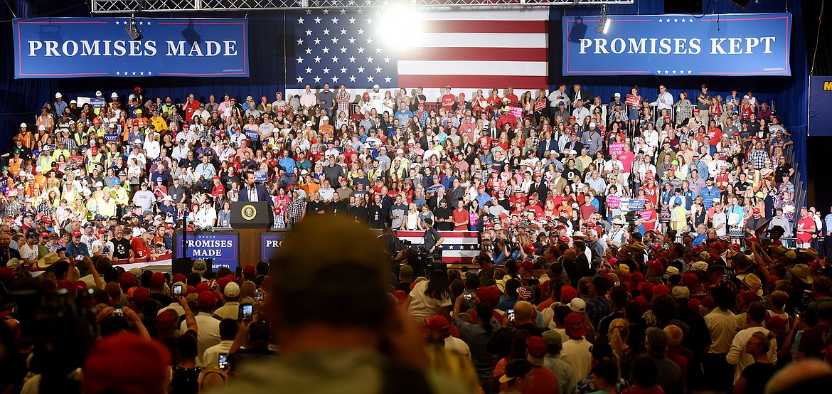 Donald Trump, Jr., takes the stage at the rally at the Four Seasons Arena in Great Falls on Thursday, July 5.(Brenda Ahearn/Daily Inter Lake)