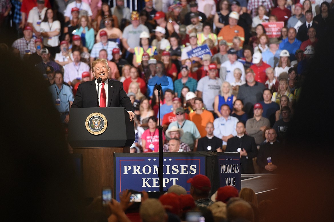 President Donald J. Trump smiles as he speaks to the packed auditorium at the Four Seasons Arena in Great Falls on Thursday, July 5. The arena holds 6,600 and was filled. More than a thousand people who wanted to attend had to be turned away when the venue reached capacity.(Brenda Ahearn/Daily Inter Lake)