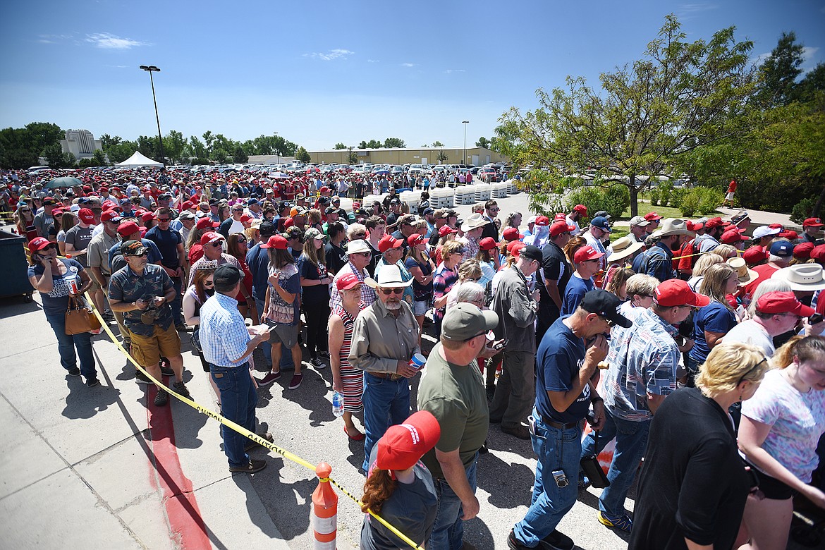 Thousands of people lined up to enter the Four Season Arena several hours before the arrival of President Donald Trump on Thursday, July 5, in Great Falls.(Brenda Ahearn/Daily Inter Lake)