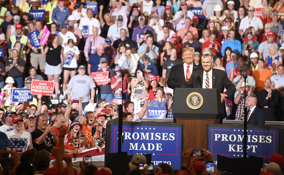 Matt Rosendale and President Donald J. Trump smile broadly at a rally in Great Falls on July 5. The President came out to support Rosendale who will be running against incumbent Senator Jon Tester this November.(Brenda Ahearn/Daily Inter Lake)