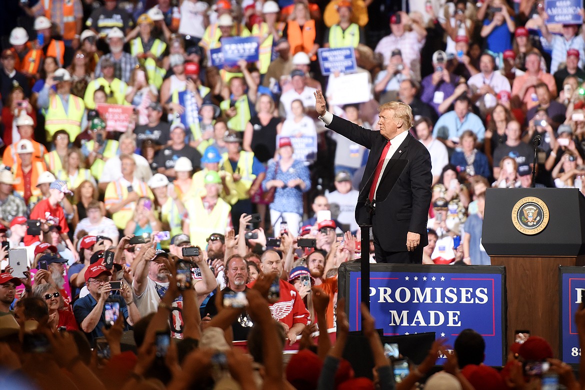 President Donald J. Trump bids farewell to the capacity crowd at the Four Seasons Arena in Great Falls on Thursday, July 5. More than a thousand people who wanted to attend had to be turned away.(Brenda Ahearn/Daily Inter Lake)