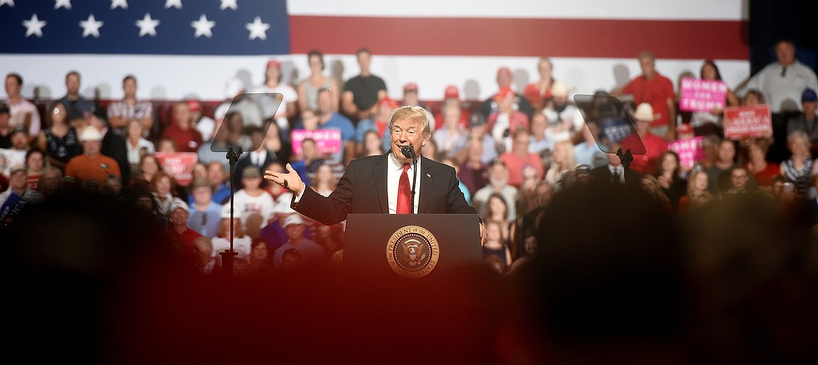 President Donald J. Trump speaking at a rally in Great Falls on Thursday, July 5, to support Matt Rosendale in his campaign against incumbent Senator Jon Tester.(Brenda Ahearn/Daily Inter Lake)