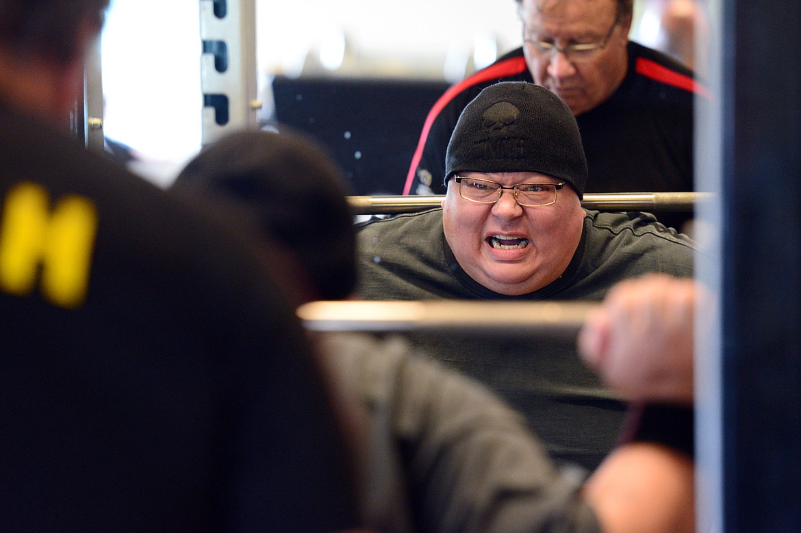 Powerlifter Sylvester Vermillion is spotted by coach Mark Kuhr during a workout at The Wave Aquatic &amp; Fitness Center in Whitefish on Tuesday, June 26. (Casey Kreider/Daily Inter Lake)