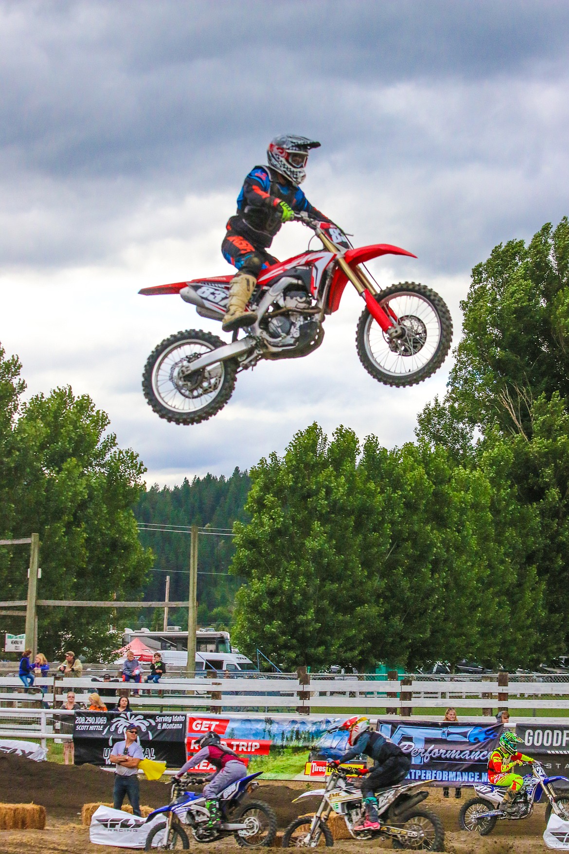 Photo by MANDI BATEMAN
Competitors of all ages came together for the 2018 9B Arenacross on June 30, bringing a crowd to the Boundary County Fairgrounds for an evening of entertainment and sport. This is the first event since other groups ceased hosting a dirt bike event in 2010. 
The contestants pushed their limits during the race, gaining both speed and air.