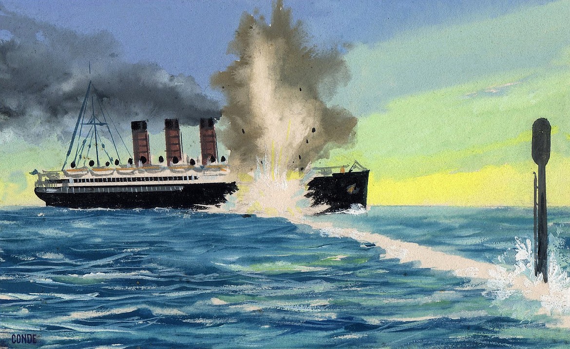 GOOGLE IMAGES
German U-20 submarine torpedoes RMS Lusitania off the coast of Ireland on May 7, 1915, the incident leading to the U.S. entering World War I.