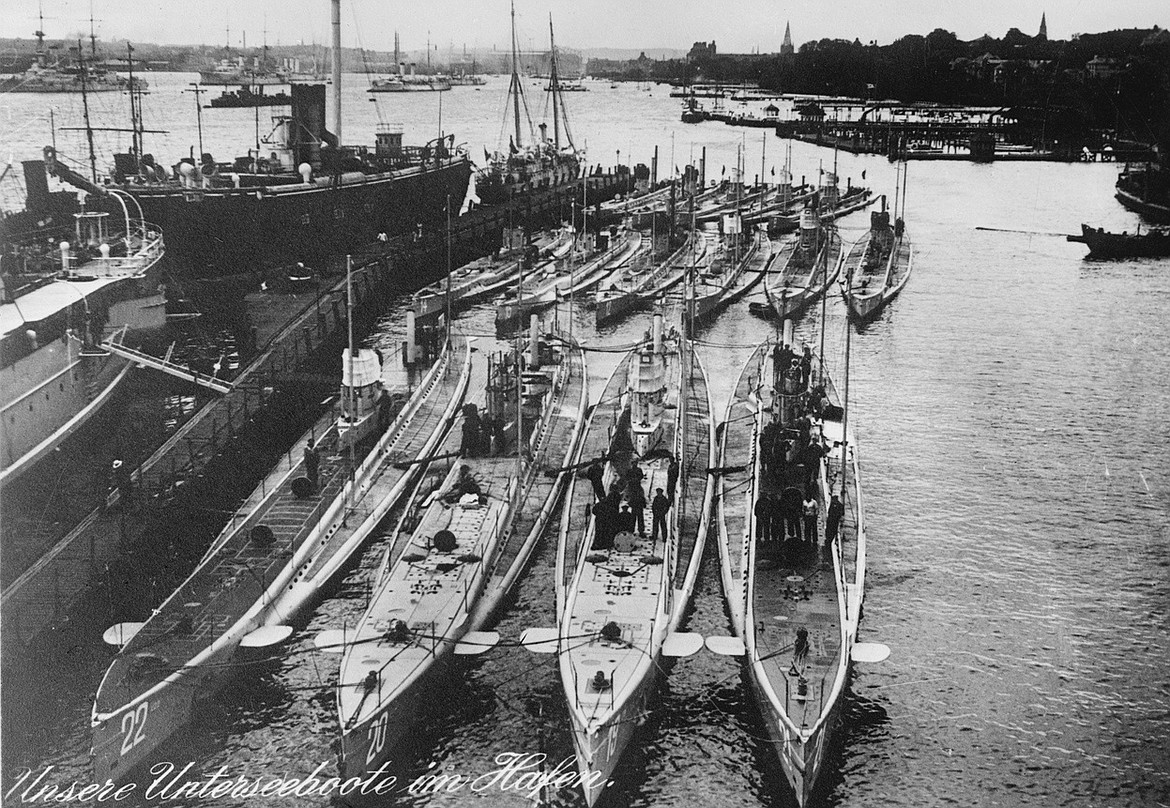 PUBLIC DOMAIN
U-20, second from left, the German submarine that torpedoed and sank the RMS Lusitania in 1915.