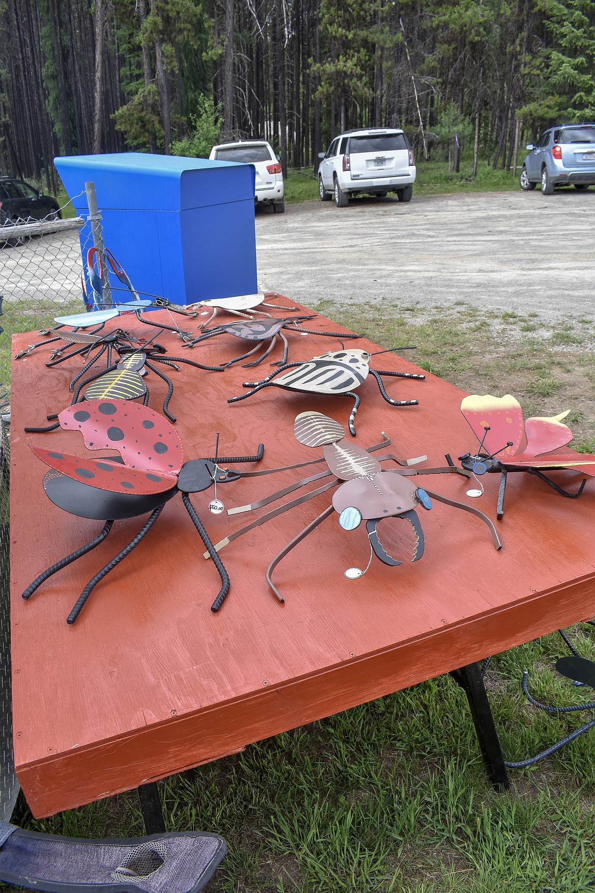 Jimmy Jones brought a table full of painstakingly detailed metal insects and arachnids to the sixth annual Yaak School Arts and Crafts Fair Saturday, June 30. Jones said that his main business is the wood burning stoves he also had for sale, but that he enjoys making the art -- which began as a way to use scrap metal -- much more than the stoves. (Ben Kibbey/The Western News)