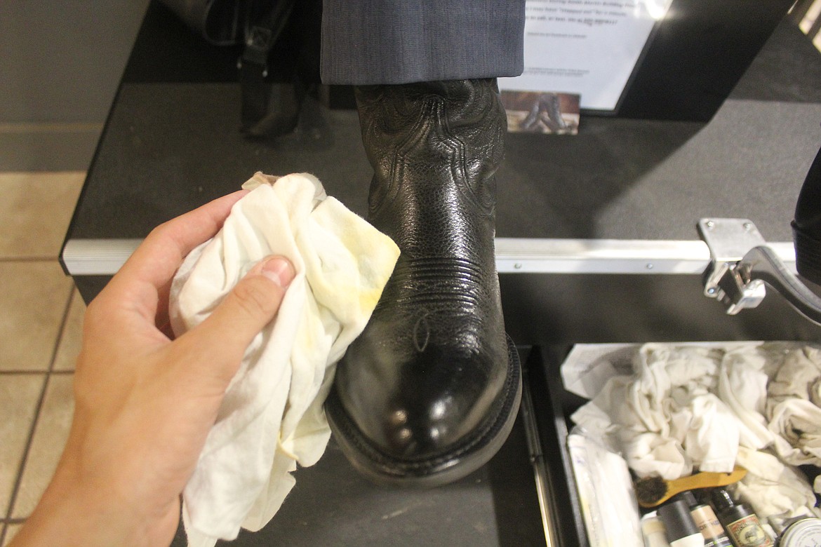 Richard Byrd/Columbia Basin Herald
Peter Steffens, owner of the Third Avenue Shoeshine Stand in Moses Lake, believes a nice pair of shined shoes is an important service that often gets overlooked.