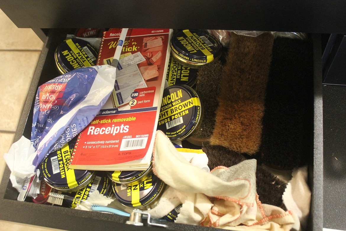 Richard Byrd/Columbia Basin Herald
Some of the shoe shining supplies Peter Steffens uses at his business in the Smith Martin Building in Moses Lake.