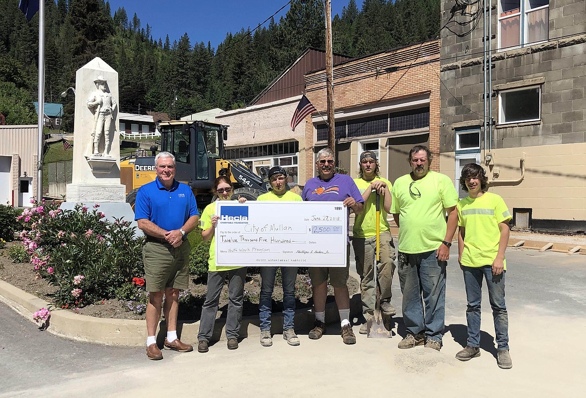 The Mullan city work crew. Pictured from the left are Mike Dexter, Lila Hileman, Caden Crandall, mayor Don Kotschevar, Kash Truitt, Dan Zingler and Royal Barnes.