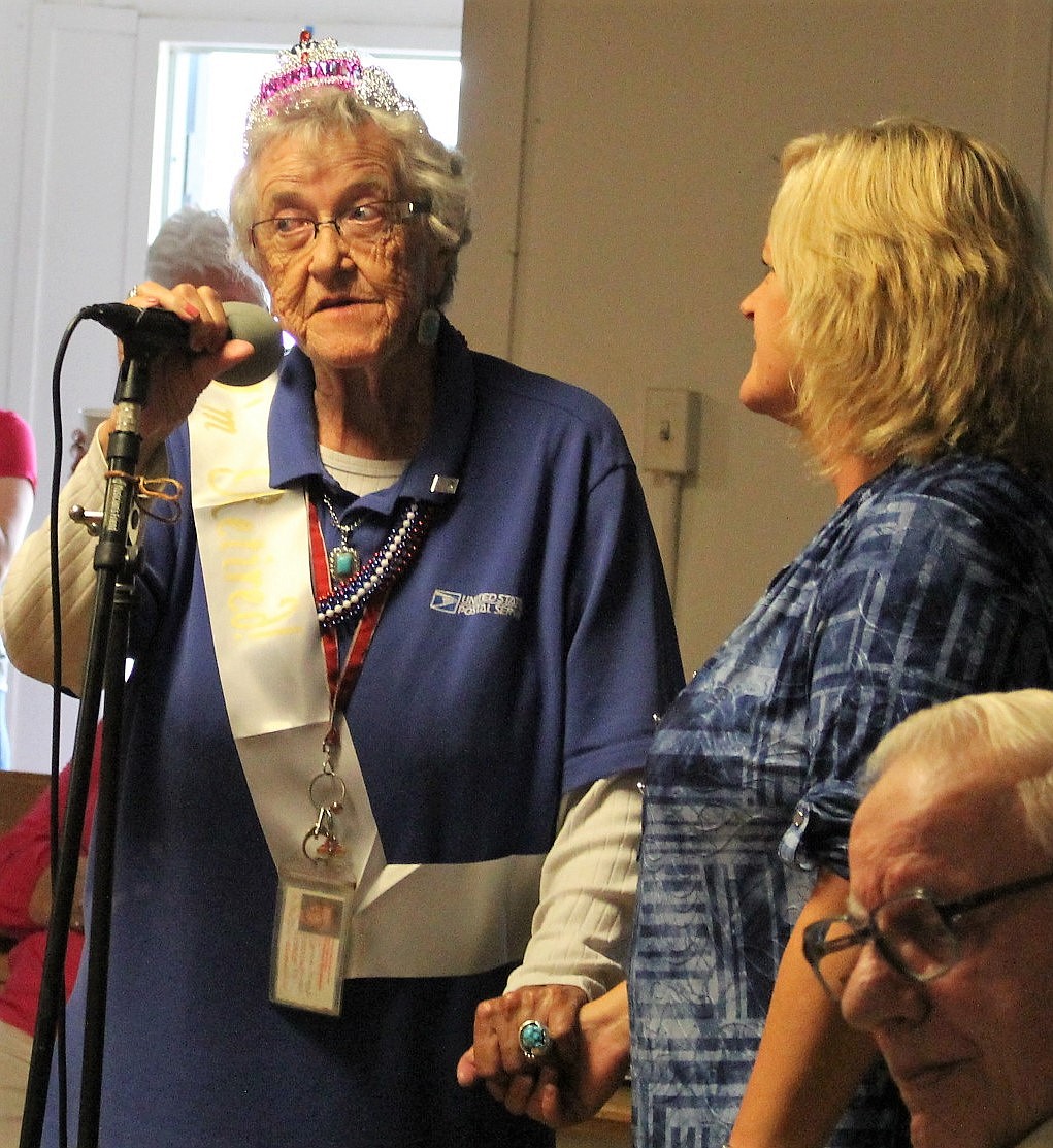Francis Higgs says her farewells at a retirement party held in her honor on June 30 with Superior Postmaster Liz Asay. (Kathleen Woodford/Mineral Independent)