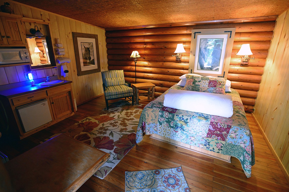 Guest room with a queen bed and private bath at the Laughing Horse Lodge near Swan Lake on Thursday, June 21. (Casey Kreider/Daily Inter Lake)