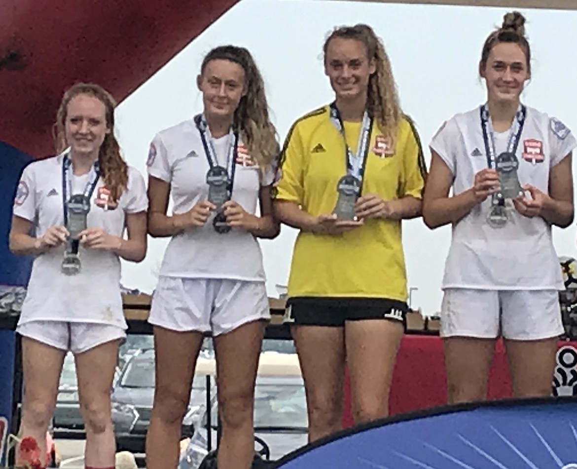 Photo courtesy TYLER RIEKEN
Four members of the Sting Timbers 00/01 girls soccer team were named to the Top 11 in the 18U division at the US Youth Soccer National Presidents Cup in Westfield, Ind. From left are Megan Drake, Eryn Ducote, Lily Foster and Bridget Rieken.