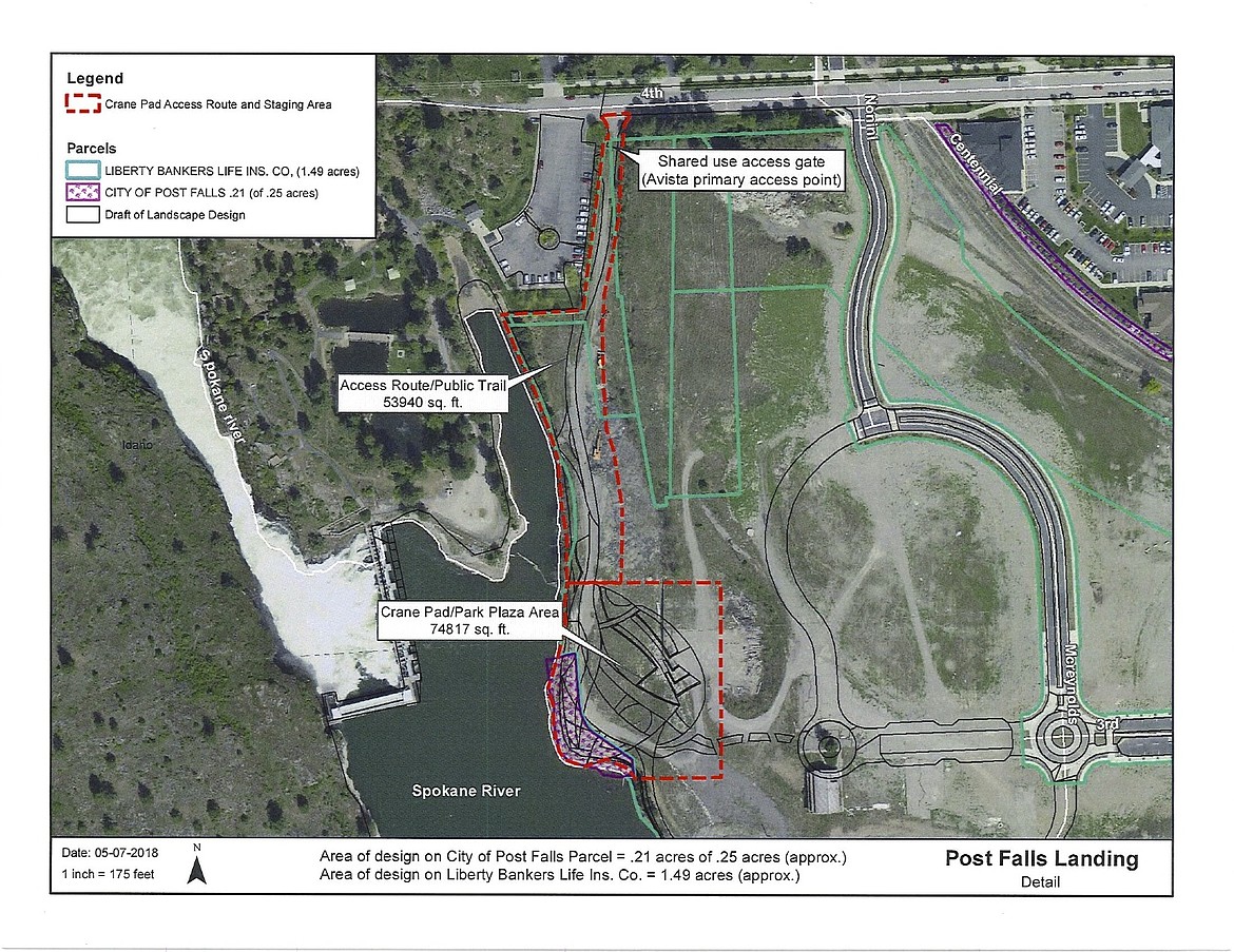 This map shows where the park would be built in the Post Falls Landing project on the Spokane River near the Post Falls Dam and Falls Park.