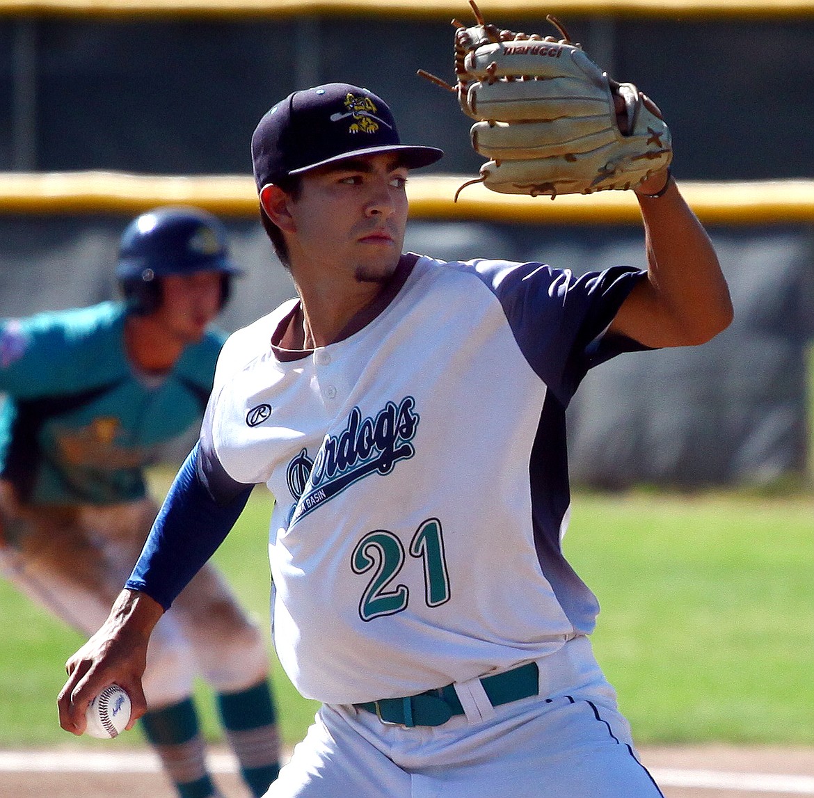 Rodney Harwood/Columbia Basin Herald
River Dog No. 2 starter A.J. Pruneda of Othello rears back to deliver to the plate during Saturday's Northern Washington Senior Babe Ruth League state championship game at Johnson-O'Brien Stadium.