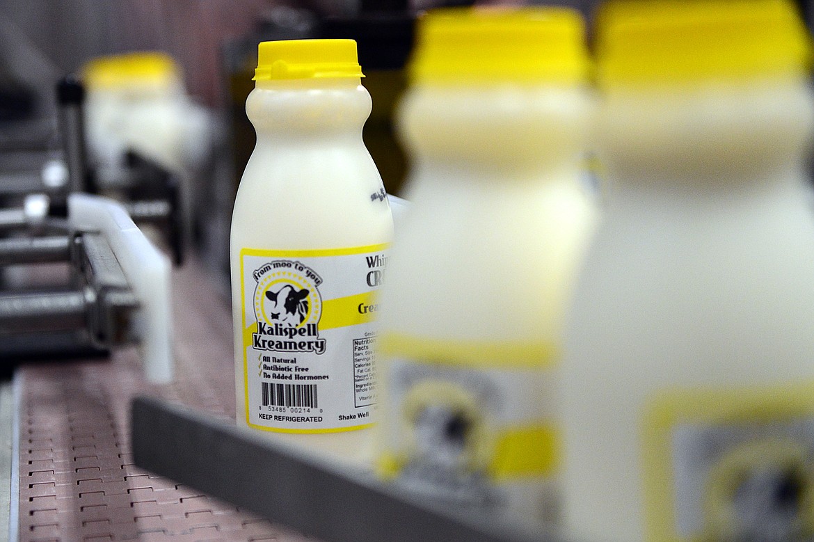 Pints of milk are labeled at the end of the production line at Kalispell Kreamery on Thursday, July 5. (Casey Kreider/Daily Inter Lake)