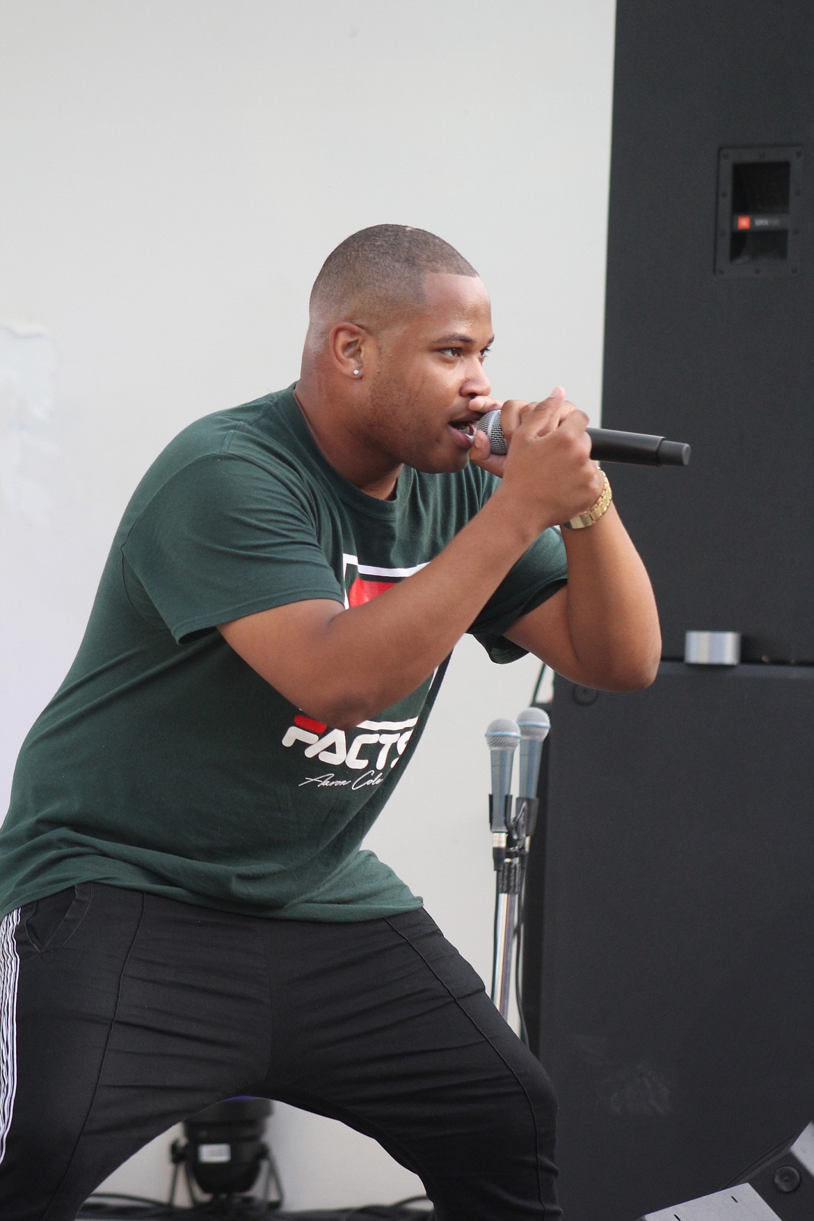 Richard Byrd/Columbia Basin Herald

Rapper Aaron Cole gets serious during his Friday evening performance at the Centennial Amphitheater in Moses Lake.
