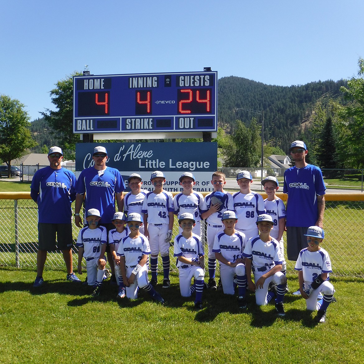 Courtesy photo
Coeur d&#146;Alene will play Lewiston in a best-of-3 series this weekend at Croffoot Park for the District 1 Little League baseball 10-and-under championship. Game times are Friday at 3 p.m., Saturday at 9 a.m. and Sunday, if necessary, 9 a.m. The winner advances to the state playoffs in Eagle July 20-22. Members of the Coeur d&#146;Alene 10U team are, front row from left, Tucker Ackerman, Kolbie Wilson, Payton Bateman, Ryder Bishop, Rylan McDill and Maddix Witten; and back row from left, coaches Chris Helms and Austin Ackerman, Gavin Helms, Bam Fenter, Devon McGlothen, Blake Foulk, Hunter Chambers and manager Chris Witten.