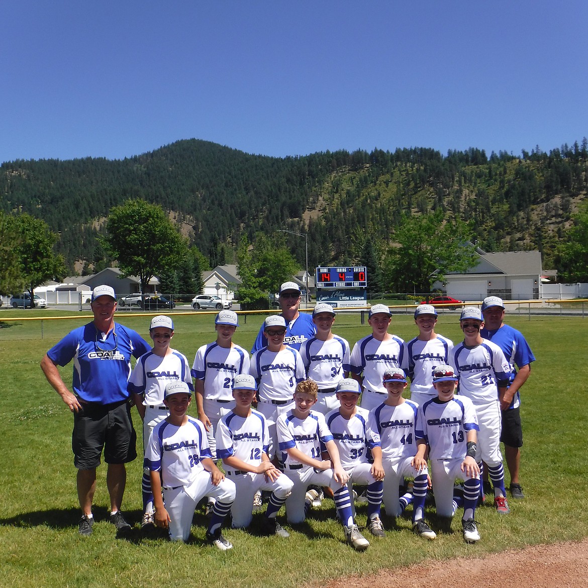Courtesy photo
Coeur d&#146;Alene will face Hayden this weekend in a best-of-3 series for the Idaho District 1 Little League Majors (12U) baseball championship at Croffoot Park in Hayden. Game times are Friday at 5:30 p.m., Saturday at noon and Sunday, if necessary, at noon. The winner advances to the state playoffs in Eagle July 20-22. Members of the Coeur d&#146;Alene team are, front row from left, Kyle Seman, Jake Dannenberg, Chase Saunders, Caden Symons, Kyle Schwarzer and Chris Reynolds; and back row from left, coach Sean Cherry, Avrey Cherry, AJ Currie, Cooper Smith, coach Steve Saunders, Austin DeBoer, Braeden Newby, Nolan Christ, Cooper Erickson and coach Manny Azevedo.