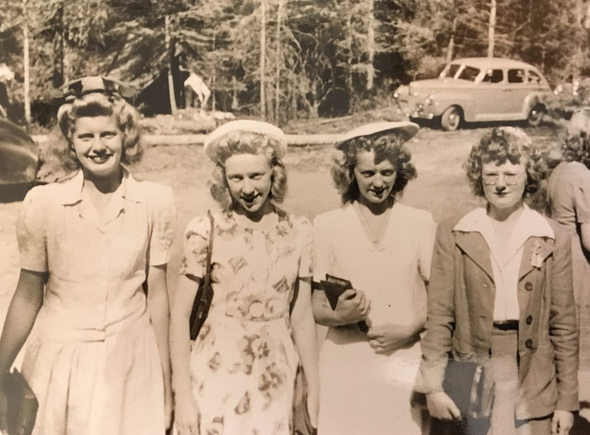 Young women pose for a picture at Flathead Lutheran Bible Camp in 1943. Pictured from left to right, Eunice (Hysen) Johnson, Jean (Louberg) Nye, Jean (Strom) Hughes and Lois (Connell) Dodge. (Photo provided by Margie Fiedler)