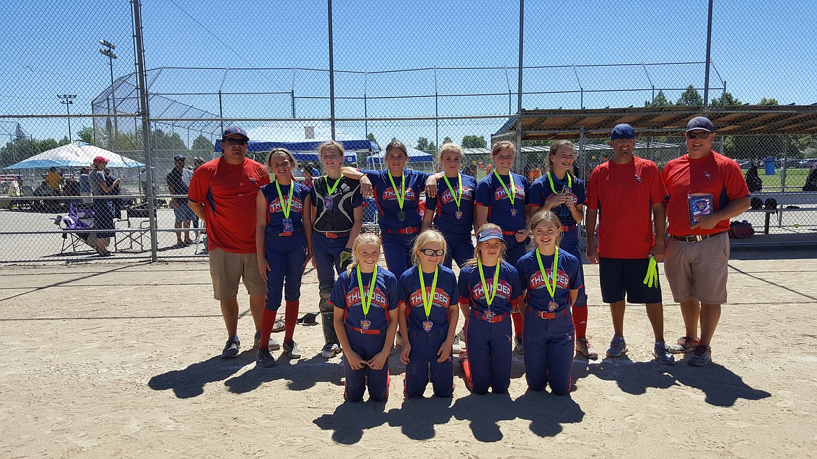 Courtesy photo
The Lake City Thunder 12-and-under girls fastpitch softball team placed second in the silver bracket at the Fourth of July shootout in Spokane July 6-8. In the front row from left are Alycia Cameron, Brooklyn Mendonca, Natalie Singer and Kylin Chavez; and back row from left, coach Morgan Gugino, Layla Gugino, Cassie Zaring, Tapanga Rojas, Makiya McPhedran, Kaydence Constable, Brooklyn Wullenwaber, coach Jason Chavez and head coach Levi Wullenwaber.