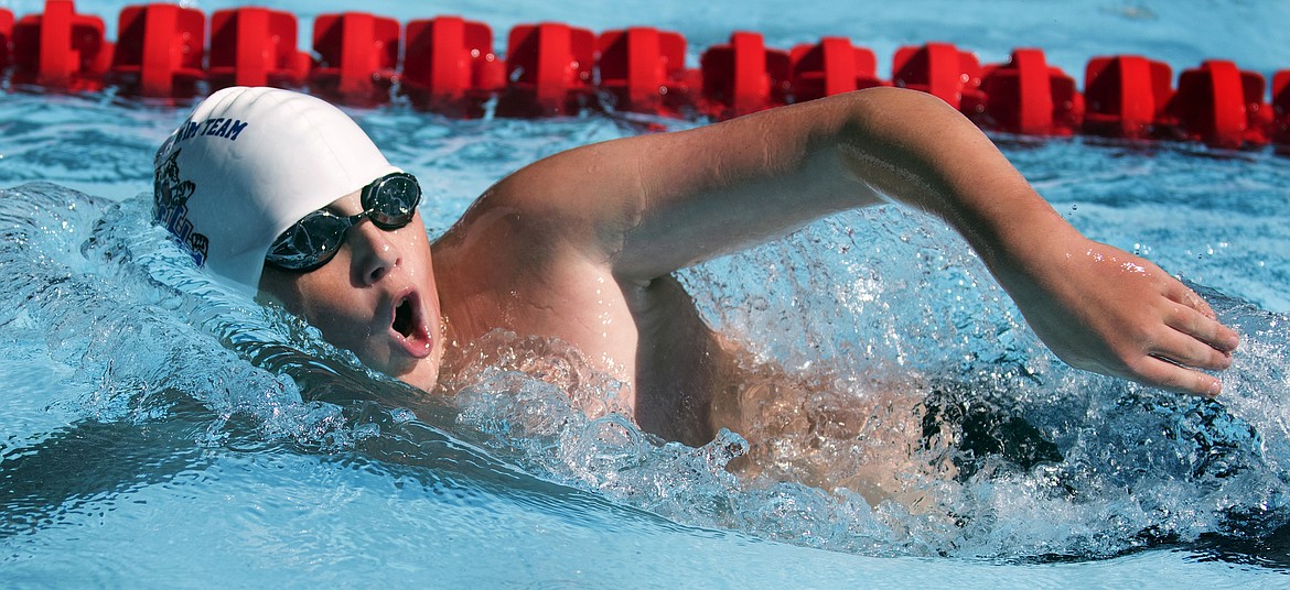 Nathan Niles swims the freestyle leg of the boys&#146; 200 medley relay in the 11-12 division Saturday. Columbia Falls was second in the race.