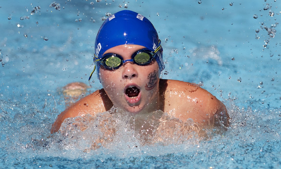 Remington Bussard swims the 50-yard breaststroke in the boys&#146; 9-10 division during the Columbia Falls home meet Saturday.