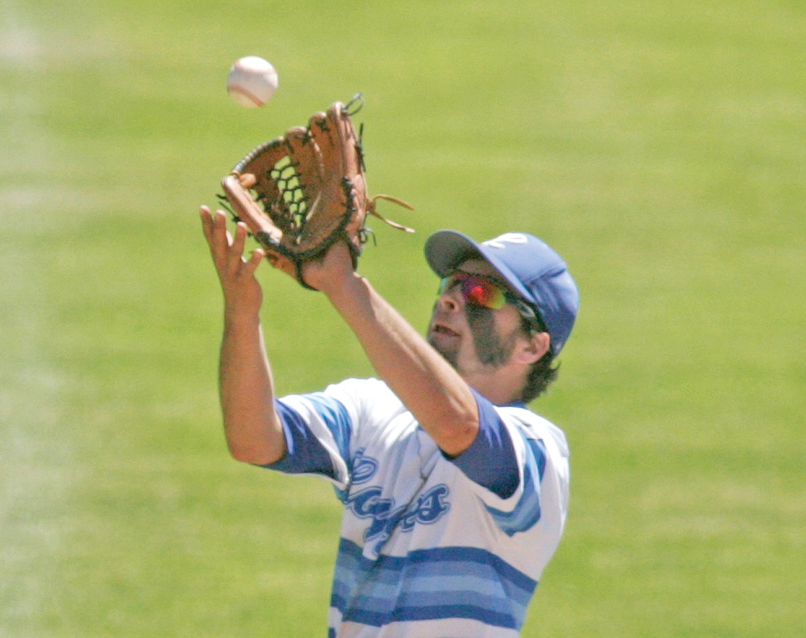 Bandits&#146; Brandon Thorn flies out to Libby&#146;s shortstop Tim Carvey for the second out in the top of the fourth inning vs. Cranbrook Saturday. (Paul Sievers/The Western News)