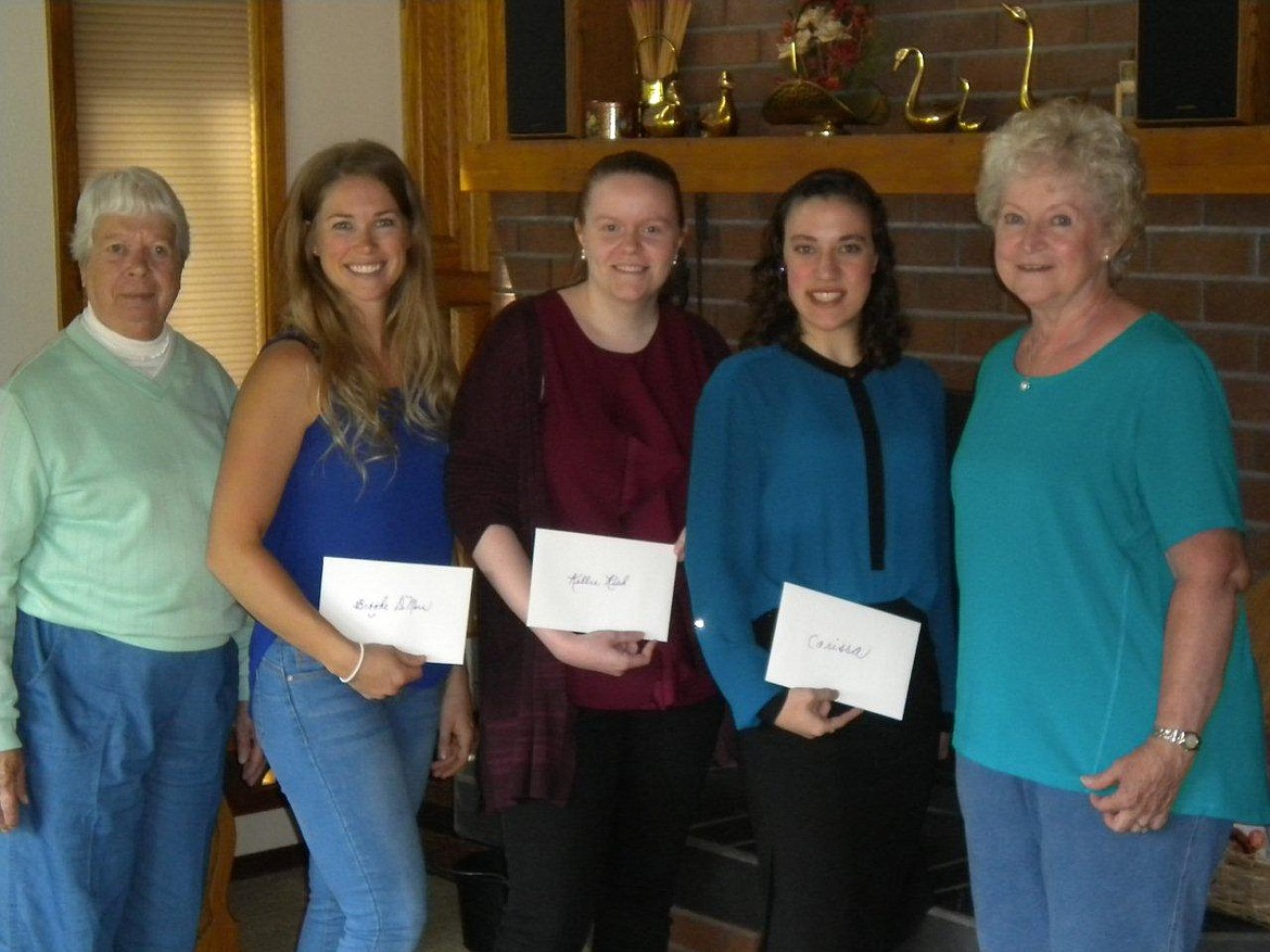 (Courtesy photo)
The Idaho Lambda Chapter of the Alpha Delta Kappa honored three Bonner County college students with scholarships to be used during the 2018-2019 school year. Scholarship recipient Brooke DeMers, second from left, will be a senior at Boise State, majoring in physical education. Kellie Rich, center, will be a junior at the University of Idaho, majoring in mathematics. Carissa Lonzisero, second from right, will enter the University of Montana to major in finance. Alpha Delta Kappa is an international honorary organization of women educators dedicated to educational excellence, altruism, and world-wide understanding.