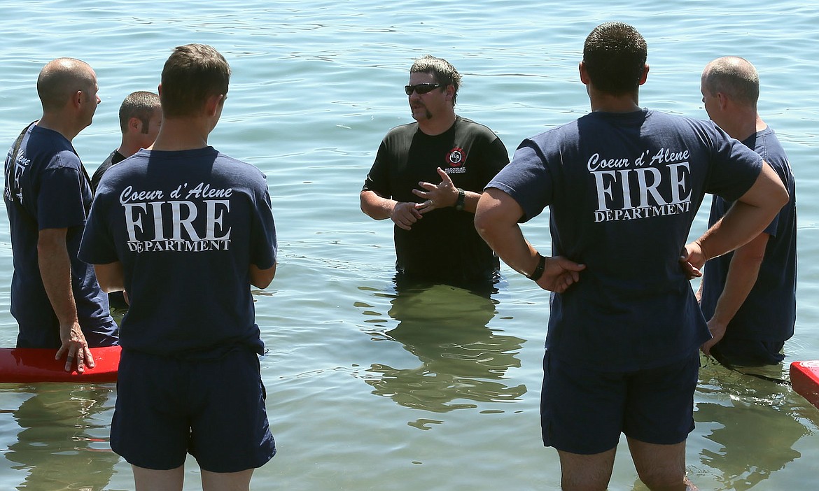 JUDD WILSON/Press
Craig Etherton instructs Coeur d&#146;Alene Fire Department firefighters on water rescue techniques at Independence Point on Tuesday. Training will continue today and Friday.