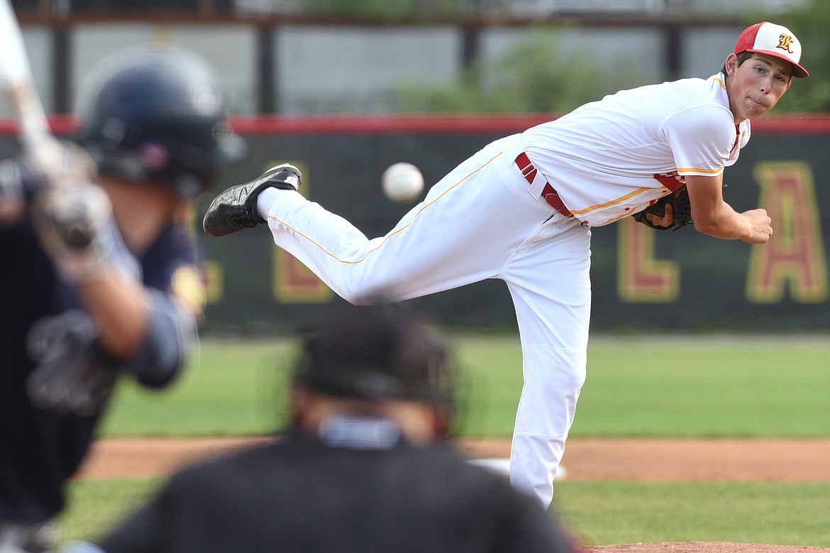 Kalispell Lakers AA starting pitcher Sam Elliott works in the first inning against the Missoula Mavericks at Griffin Field on Tuesday. (Casey Kreider/Daily Inter Lake)