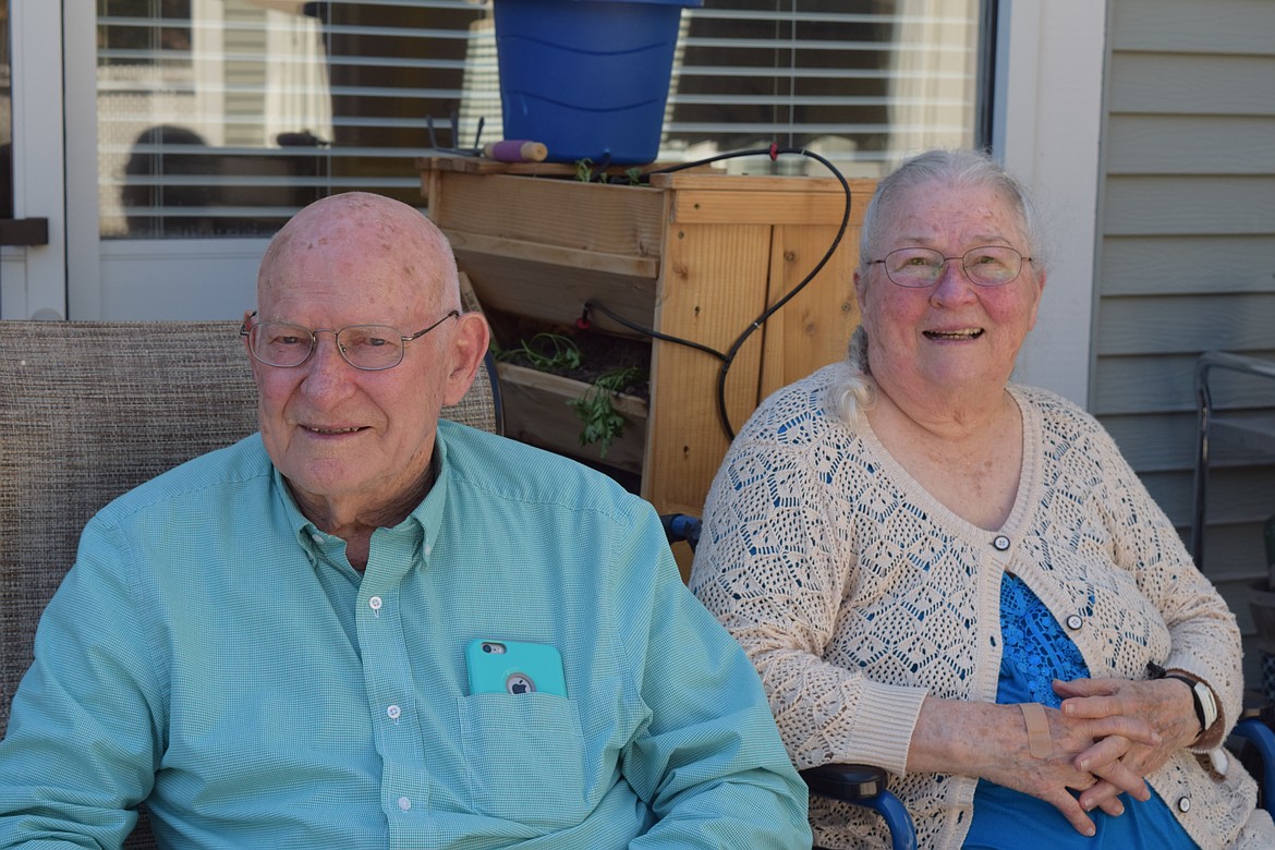 Charles H. Featherstone/Columbia Basin Herald
Retired cotton farmer Mark Hunsaker, 90, and his wife Francille, 87, are members of the Brookdale Hearthstone Garden Club, which received some raised garden beds and planters from the Grant County Conservation District.