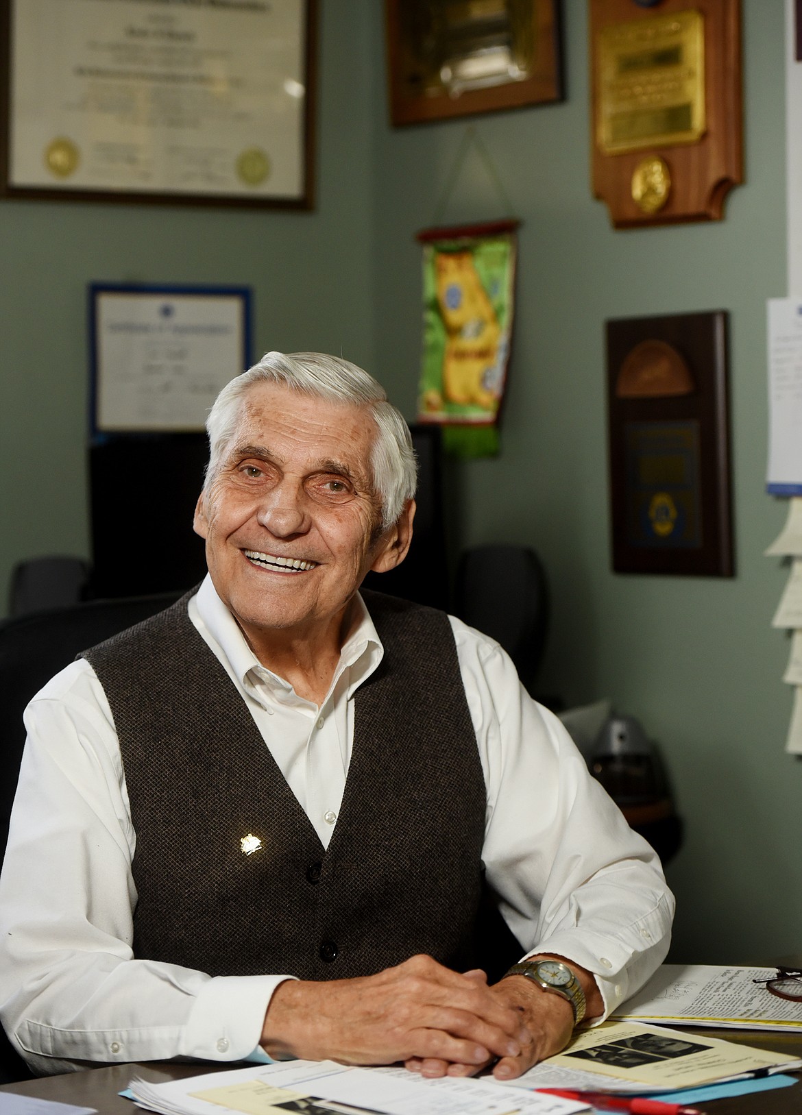 Sunriser Lions Club president Les Tinseth shares about the organization&#146;s history in his office on Tuesday, July 3, in Kalispell. Tinseth was the inaugural president of the Kalispell service club, which is celebrating its 50th anniversary. (Brenda Ahearn/Daily Inter Lake)