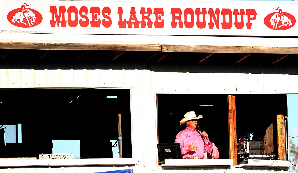 Rodney Harwood/Columbia Basin Herald
Will Rasmussen has been The Voice of the Moses Lake Roundup since 1999. He will make the call at the 75th annual Moses Lake Roundup Aug. 16-18 at the Grant Country Fairgrounds.