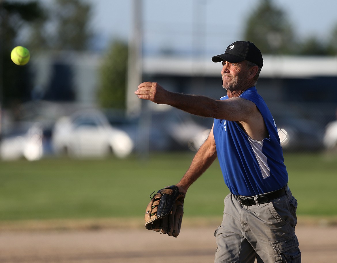 Dale Johnson of Mountain View Bible Church delivers a pitch in a rec softball game against Minton Overhead Door LLC.