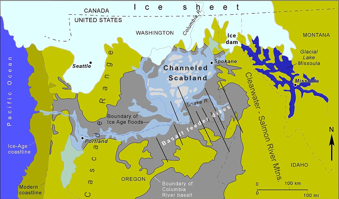 GOOGLE IMAGES
The Ice Age Sheet, Glacial Lake Missoula where the water came from, the dam that broke and Scablands where the water went.